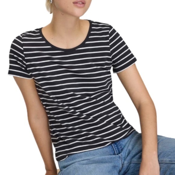 Reitmans R Essentials Striped Scoop Neck Short Sleeve T-Shirt Navy Blue White M - Picture 1 of 11